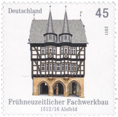 Vorderansicht - Briefmarke - Frühneuzeitlicher Fachwerkbau - 1512-1516 Alsfeld; Deutsche Post, 2011 Ausgabewert: 45 Cent