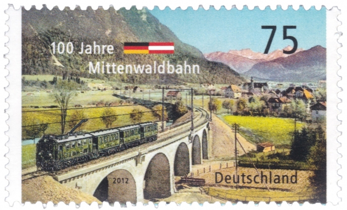 Briefmarke - 100 Jahre Mittenwaldbahn - Deutschland 2012, 75 Cent Ausgabewert: 75 Cent