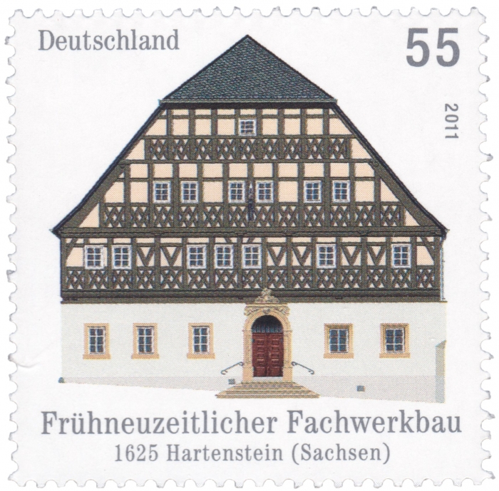 Briefmarke - Frühneuzeitlicher Fachwerkbau - 1625 Hartenstein (Sachsen) - Deutschland 2011, 55 Cent Ausgabewert: 55 Cent