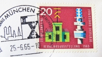 Briefmarke - 20 Pfennig - Internationale Verkehrsausstellung München, 1965 - Ersttagsbrief mit Zwanzig Pfennig Briefmarke zur IVA zeigt Messegelände von München sehr guter Zustand