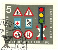 Briefmarke - 5 Pfennig - Internationale Verkehrsausstellung München, 1965 - Fünf Pfennig Briefmarke zur IVA zeigt Verkehsschilder Ampel sehr guter Zustand
