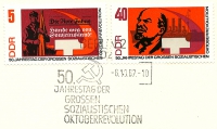 Briefmarken - Ersttagsbrief -50. Jahrestag der Grossen Sozialistischen Oktoberrevolution, 1967 - Mit Sonderbriefmarken 5 Pf. Arbeiter mit roter Fahne und 40 Pf. Lenin und Kreuzer Aurora guter Zustand!
