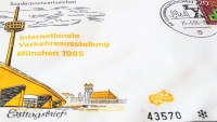 Detailansicht - 20 Pfennig - Internationale Verkehrsausstellung München, 1965 - Ersttagsbrief mit Zwanzig Pfennig Briefmarke zur IVA zeigt Messegelände von München Ersttagsstempel vom 25. Juni 1965