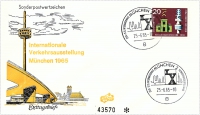 Vorderansicht - 20 Pfennig - Internationale Verkehrsausstellung München, 1965 - Ersttagsbrief mit Zwanzig Pfennig Briefmarke zur IVA zeigt Messegelände von München Ersttagsbrief mit Ausstellungsgelände