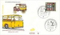Vorderansicht - 5 Pfennig - Internationale Verkehrsausstellung München, 1965 - Fünf Pfennig Briefmarke zur IVA zeigt Verkehsschilder Ampel Ersttagsbrief mit Post-Omnibus
