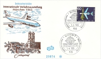 Vorderansicht - 60 Pfennig - Internationale Verkehrsausstellung München, 1965 - Ersttagsbrief mit Fünf Pfennig Briefmarke zur IVA zeigt München mit Flugzeug Ersttagsbrief mit Weltraumkapsel und Düsenflugzeug
