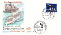 Vorderansicht - 70 Pfennig - Internationale Verkehrsausstellung München, 1965 - Ersttagsbrief mit Siebzig Pfennig Briefmarke zur IVA zeigt Segel- und Passagierschiff Ersttagsbrief mit Passagierschiff Bremen und Segelschiff Hammonia