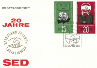 Vorderansicht - Ersttagsbrief - 20 Jahre SED - Vaterland - Frieden - Sozialismus 15 Pf DDR Briefmarke - Manifest der kommunistischen Partei