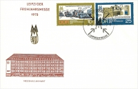 Vorderansicht - Ersttagsbrief - Leipziger Frühjahrsmesse, 1973 - Leipziger Messe zeigt auf Briefmarke Briefmarke Exaktfeldhäcksler e280 im Komplexeinsatz Drehmaschine DFS 400 NC Sonderstempel 6.3.1973!