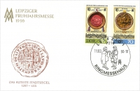 Vorderansicht - Ersttagsbrief - Leipziger Frühjahrsmesse, 1990 - Briefmarken auf Ersttagsbrief würdigen 825 Jahre Leipzig Sonderstempel mit Ringmessehaus