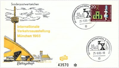Ersttagsbrief mit Zwanzig Pfennig Briefmarke zur IVA zeigt Messegelände von München
