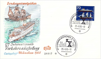Ersttagsbrief mit Siebzig Pfennig Briefmarke zur IVA zeigt Segel- und Passagierschiff