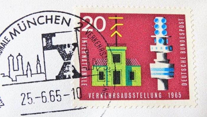 Briefmarke - 20 Pfennig - Internationale Verkehrsausstellung München, 1965 - Ersttagsbrief mit Zwanzig Pfennig Briefmarke zur IVA zeigt Messegelände von München sehr guter Zustand