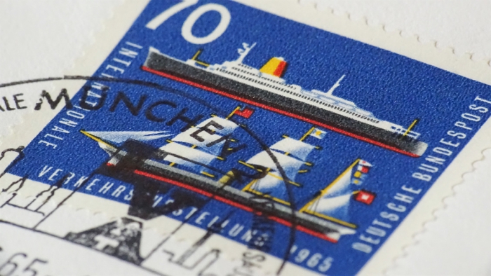 Briefmarke - 70 Pfennig - Internationale Verkehrsausstellung München, 1965 - Ersttagsbrief mit Siebzig Pfennig Briefmarke zur IVA zeigt Segel- und Passagierschiff sehr guter Zustand
