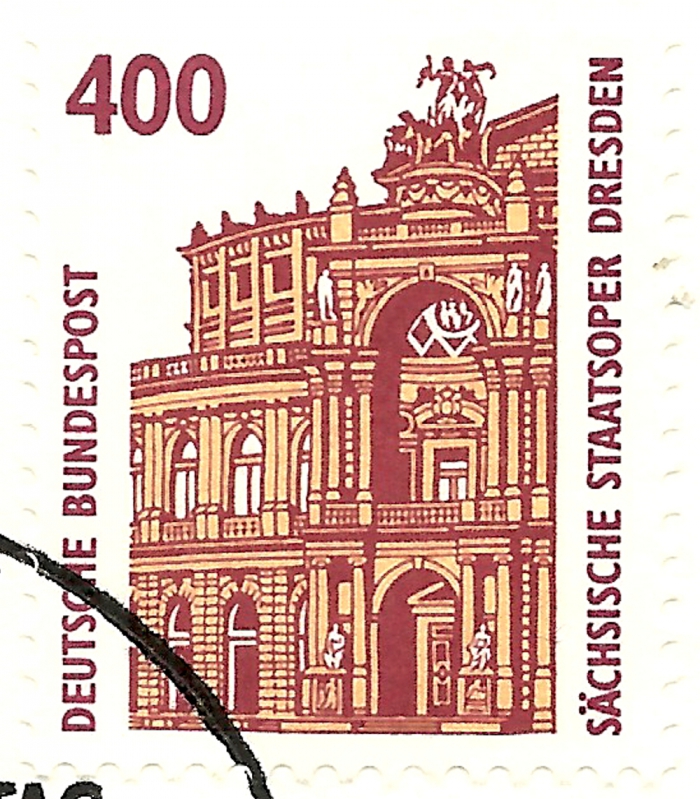 Briefmarke - Ersttagsbrief - 400 Pfennig Briefmarke zeigt Semperoper, 1991 - Sehenswürdigkeiten Sächsische Staatsoper Dresden, Rollenmarken-Dauerserie Ersttagsbrief in sehr gutem Zustand