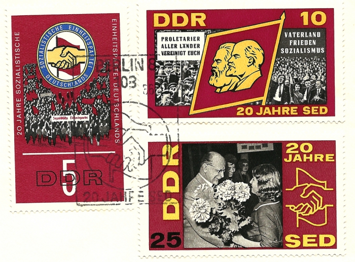 Briefmarken - Ersttagsbrief - 20 Jahre Sozialistische Einheitspartei Deutschlands (SED) - Slogan Proletarier aller Länder vereinigt Euch und Vaterland, Frieden und Sozialismus gut Erhalten