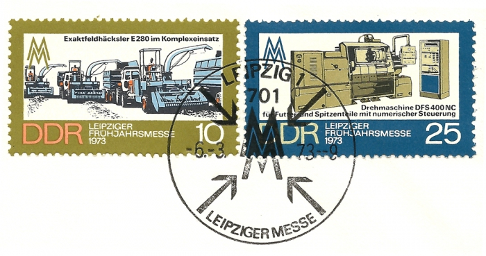 Briefmarken - Ersttagsbrief - Leipziger Frühjahrsmesse, 1973 - Leipziger Messe zeigt auf Briefmarke Briefmarke Exaktfeldhäcksler e280 im Komplexeinsatz Drehmaschine DFS 400 NC sehr selten!