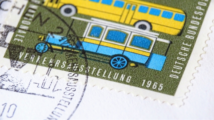 Detailansicht - 15 Pfennig - Internationale Verkehrsausstellung München, 1965 - Ersttagsbrief mit Fünf Pfennig Briefmarke zur IVA zeigt Post-Omnibus und modernen Bus sehr guter Zustand