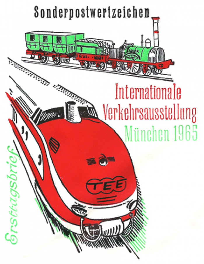 Rückansicht - 40 Pfennig - Internationale Verkehrsausstellung München, 1965 - Ersttagsbrief mit Fünf Pfennig Briefmarke zur IVA zeigt  Ersttagsstempel vom 25. Juni 1965