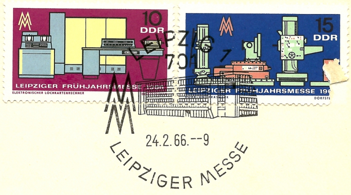 Rückansicht - Ersttagsbrief - Leipziger Frühjahrsmesse, 1966 - Briefmarke der Leipziger Messe zeigt Elektronischer Lochkartenrechner sowie Bohr- und Fräswerk Gesuchtes historisches Sammlerstück!