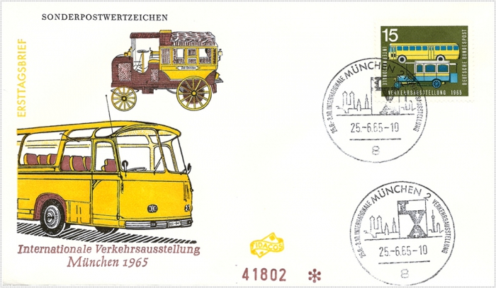 Vorderansicht - 15 Pfennig - Internationale Verkehrsausstellung München, 1965 - Ersttagsbrief mit Fünf Pfennig Briefmarke zur IVA zeigt Post-Omnibus und modernen Bus Ersttagsbrief mit Post-Omnibus