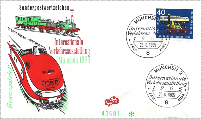 Vorderansicht - 40 Pfennig - Internationale Verkehrsausstellung München, 1965 - Ersttagsbrief mit Fünf Pfennig Briefmarke zur IVA zeigt  Den Ersttagsbrief schmückt eine Tee-Lokomotive