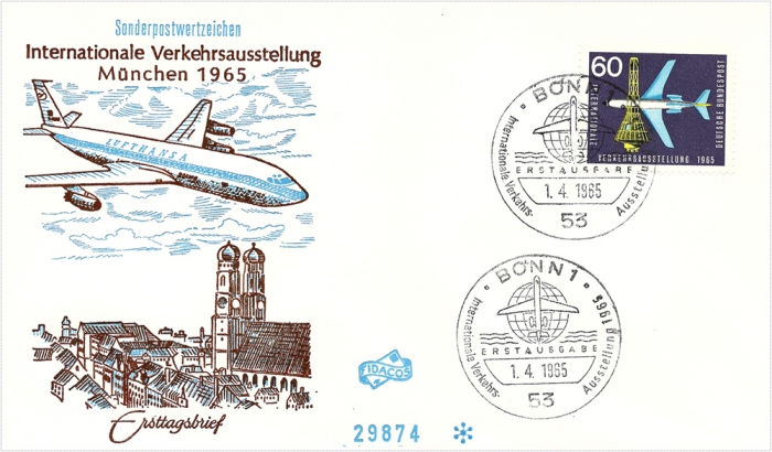 Ersttagsbrief mit Fünf Pfennig Briefmarke zur IVA zeigt München mit Flugzeug