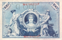 Rückansicht - 100 Mark, 1908 (rotes Siegel) - Reichbanknote Ein Hundert Reichsmark letzte Banknote des Kaiserreichs!