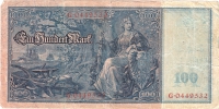 Rückansicht - 100 Mark, 1910 - Ein Hundert Mark, Reichsmark, Reichsbanknote Original Banknote des Kaiserreichs!