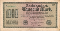 Vorderansicht - 1000 Reichsmark, 1922 Banknote kurz vor der Hyperinflation von 1923