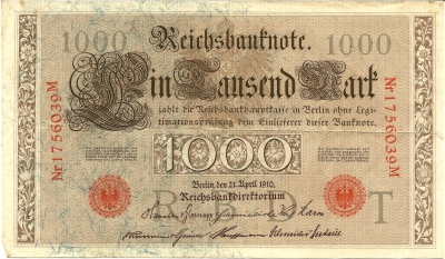 Ein Tausend Mark, Reichsbanknote, rotes Siegel 1910