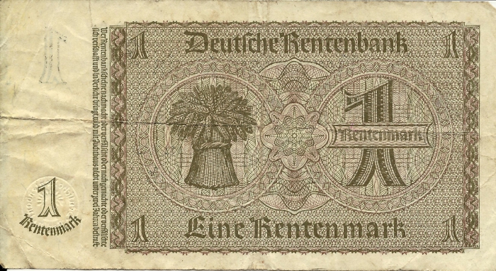 Rückansicht - 1 Rentenmark 30. Januar 1937 Deutsche Rentenbank Geldschein Banknote Rentenbankschein 1923 Berlin Präsident sehr selten