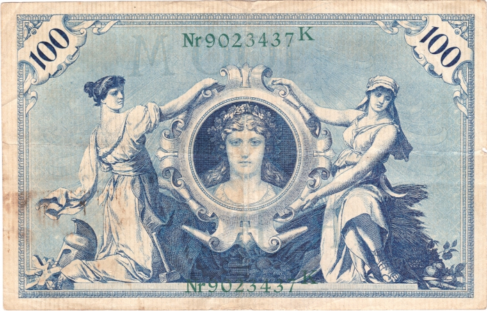 Rückansicht - 100 Reichsmark, 1908 - Reichbanknote Ein Hundert Mark letzte Banknote des Kaiserreichs!