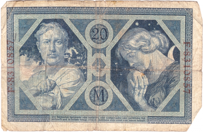 Rückansicht - 20 Reichsmark, 1915 - Reichsbanknote Zwanzig Mark - Bauer und Frau Weltkriegs-Banknote!