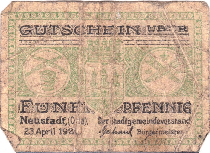 Rückansicht - 5 Pfennig, 1926 Gutschein Neustadt a.d. Orla sehr selten
