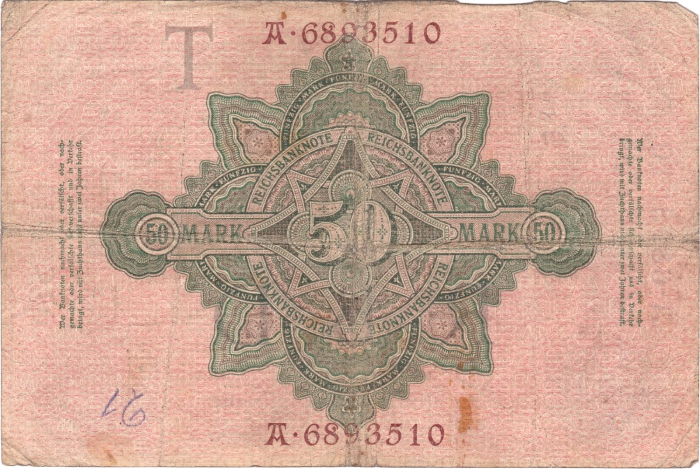Rückansicht - 50 Mark, 1910 - Fünfzig Reichsmark, Reichsbanknote sehr selten