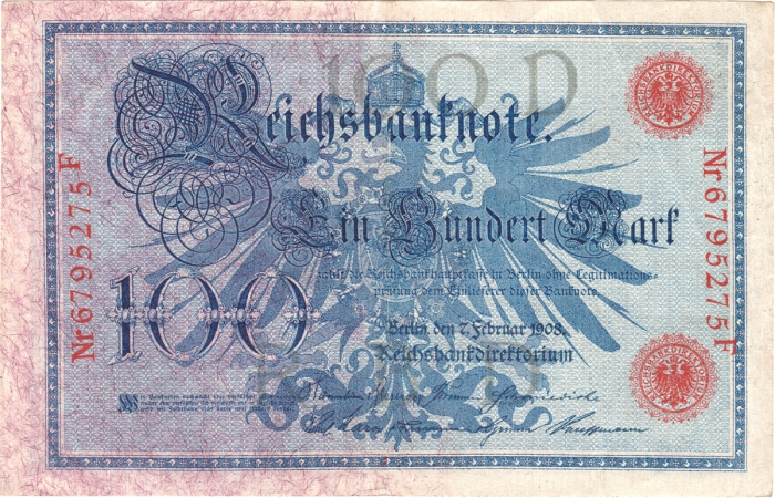 Vorderansicht - 100 Mark, 1908 (rotes Siegel) - Reichbanknote Ein Hundert Reichsmark rotes Siegel!