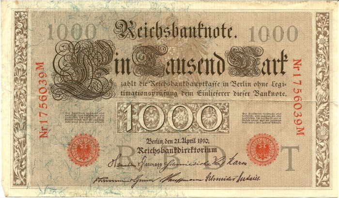 Vorderansicht - 1000 Reichsmark, 1910 Höchstes Nominal des Kaiserreichs!