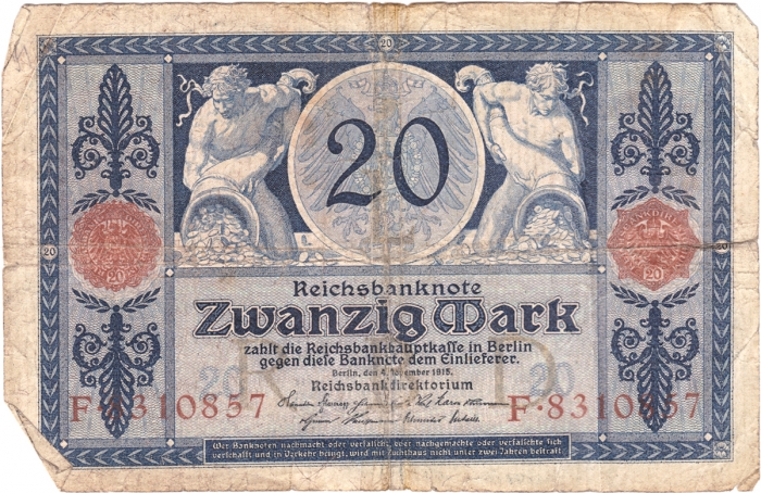 Reichsbanknote Zwanzig Mark - Bauer und Frau