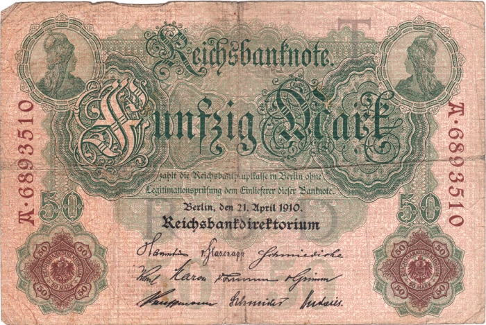Vorderansicht - 50 Mark, 1910 - Fünfzig Reichsmark, Reichsbanknote Banknote des Deutschen Kaiserreichs