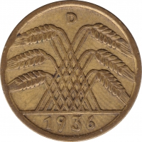 Rückansicht - 10 Reichspfennig 1936 D - Münze des Dritten Reichs sehr selten
