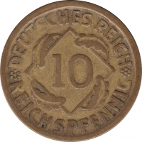 Vorderansicht - 10 Rentenpfennig 1924 D - Münze der Weimarer Republik geprägt in München, Deutschland