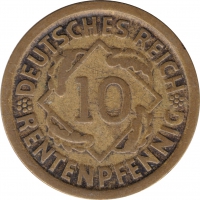 Vorderansicht - 10 Rentenpfennig 1924 F - Münze der Weimarer Republik geprägt in Stuttgart, Deutschland