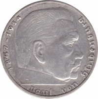 Vorderansicht - 2 Mark Paul von Hindenburg - Reichsmark von 1938 Die Münze besteht aus Silber - Materialwert ca. 2 Euro