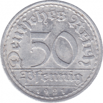 Vorderansicht - 50 Pfennig 1922 E - Münze der Weimarer Republik geprägt in Muldenhütten, Deutschland
