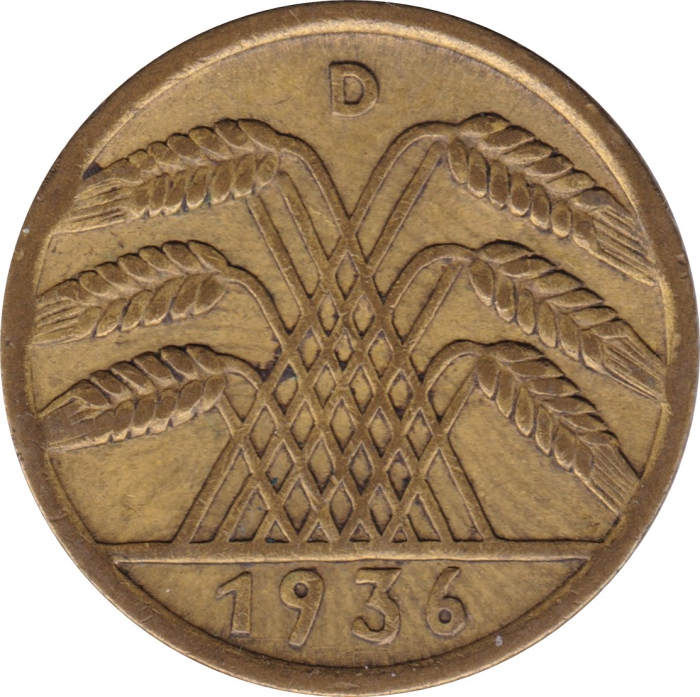 Rückansicht - 10 Reichspfennig 1936 D - Münze des Dritten Reichs sehr selten