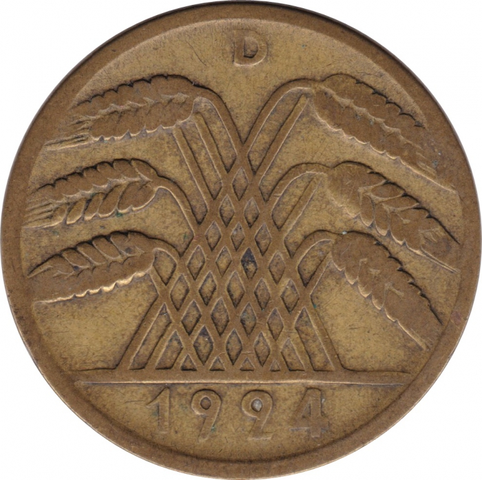 Rückansicht - 10 Rentenpfennig 1924 D - Münze der Weimarer Republik sehr selten