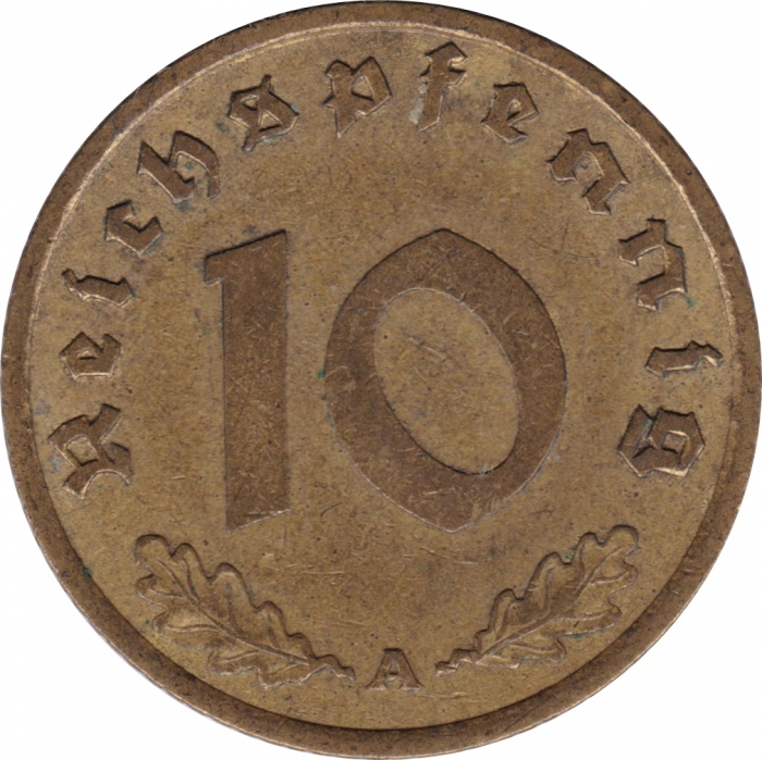 Vorderansicht - 10 Reichspfennig 1938 A - Münze des Dritten Reichs geprägt in Berlin, Deutschland