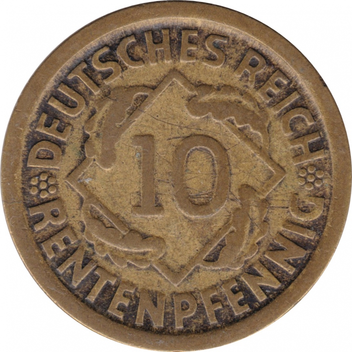 Vorderansicht - 10 Rentenpfennig 1924 F - Münze der Weimarer Republik geprägt in Stuttgart, Deutschland