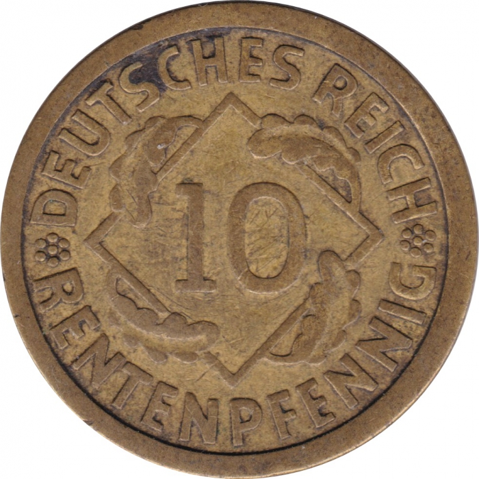 Vorderansicht - 10 Rentenpfennig 1924 J - Münze der Weimarer Republik geprägt in Hamburg, Deutschland
